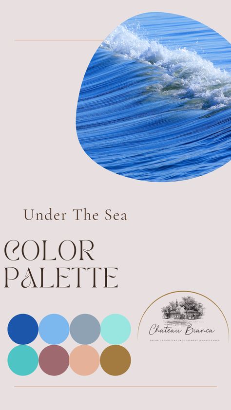 Are you dreaming of life as a mermaid? Our under the sea room palette may be just the touch to give your home a romantic, underwater vibe. Use these colours for paint inspiration or to inspired your décor finds to create a cohesive space. #colourpallete #coraltones #colorfuldecor #vibrantwallcolours #coolpaintcolours #warmpaint #livingroominspo #paintselection #chateaubianca #interiorpaintcolours #interiorpaintpalette #interiorpaints #roomcolorpalette #decorpalette #colourinspiration Sea Colour Palette, Under The Sea Room, Room Palette, Interior Paint Palettes, Paint Inspiration, Sea Colour, Living Room Inspo, A Mermaid, Wall Color