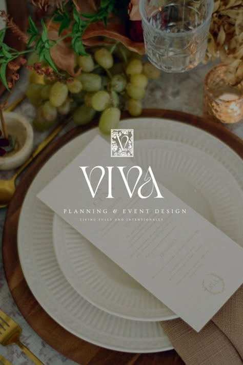 Logo and Branding Design for Viva Planning and Event Design showing High End Logo ideas, luxury branding inspiration, timeless, authentic, and elegant photography logos. Indy Studios #photographylogos #luxurylogos #brandingdesign Logo For Event Company, Event Planning Logo Design Ideas, Event Decor Logo, Luxury Design Graphic, High End Logo, Event Planner Branding, Venue Branding, Planner Branding, Event Planning Business Logo