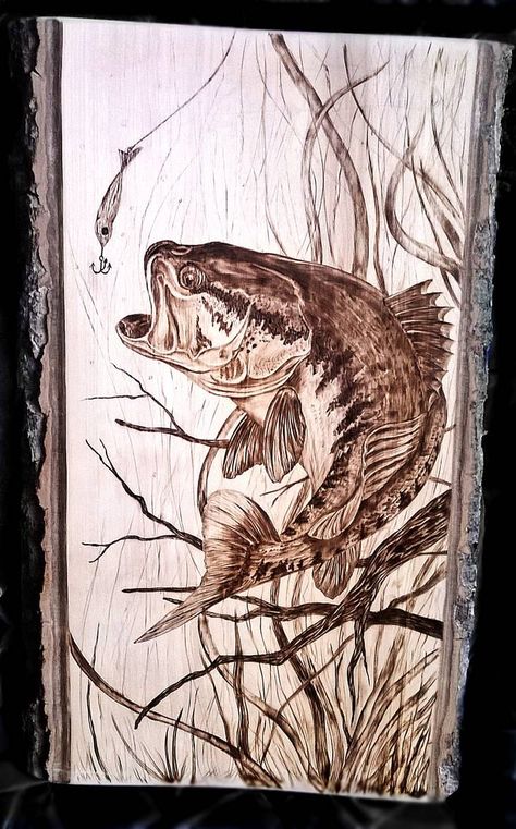 bass fish pyrography woodburning by Art-Caren on DeviantArt Tre Kunst, Beginner Wood Burning, Wood Burning Tips, Wood Burning Patterns Stencil, Wood Burning Stencils, Wood Burning Techniques, Seni Arab, Wood Burn Designs, Pyrography Patterns