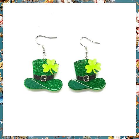 St Patrick's Day Earrings Green Hat Irish Shamrock Clover Acrylic Dangle Drop Earrings for Women Girls Holiday Jewelry Gift Clip On Tassel Earrings, Valentine Outfits For Women, Gifts For Ladies, Sensitive Ears Earrings, Artistic Earrings, Funky Necklace, Diy Jewelry Rings, Long Chain Earrings, Crystal Heart Earrings