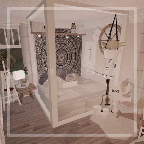 Boho Canopy Bedroom, Bloxburg Bedroom Ideas No Gamepasses, Bloxburg Bedroom Ideas Aesthetic, Room Bloxburg, Boho Canopy, Bloxburg Bedroom Ideas, Bloxburg Rooms, Bloxburg Bedroom, Bloxburg Houses