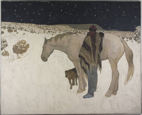 Susan Lautmann Hertel - Horses Middle panel of a triptych, a person leans on a horse in a desert landscape at night. A dog stands near the horse's feet. Dog Landscape Painting, Riding Horse Reference, Horse Riding Painting, Horse Oc, Horse Landscape, Landscape At Night, Claremont Colleges, Dog And Horse, Herd Of Horses