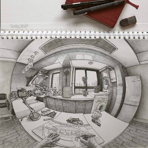 5 Point Perspective Drawing, Fish Eye Perspective, Fisheye Perspective, Eye Perspective, Complex Art, Perspective Sketch, Perspective Drawing Architecture, Interior Architecture Drawing, Architecture Sketchbook