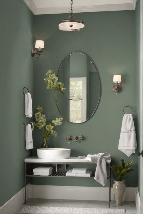 painting contractor, interior design ideas, paint color schemes, interior decoration Bathroom Paint Color Ideas Sherwin Williams, Pewter Green Sherwin Williams Bathroom, Green Wall Bathroom Ideas, Purple Bathroom Cabinets, Powder Room Wall Color, Green Bathroom Color Schemes, Bathroom Paint Colors For Small Bathroom, Guest Bathroom Paint Colors, 2024 Bathroom Colors