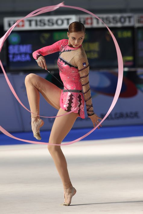 Tjasa Seme of Slovenia performing ribbon routine.  #rhythmic #gymnastics Ribbon Gymnastics, Gymnastics Flexibility, Dangerous Sports, Acrobatic Gymnastics, Ballet Poses, Sport Gymnastics, Artistic Gymnastics, Female Gymnast, Rhythmic Gymnastics