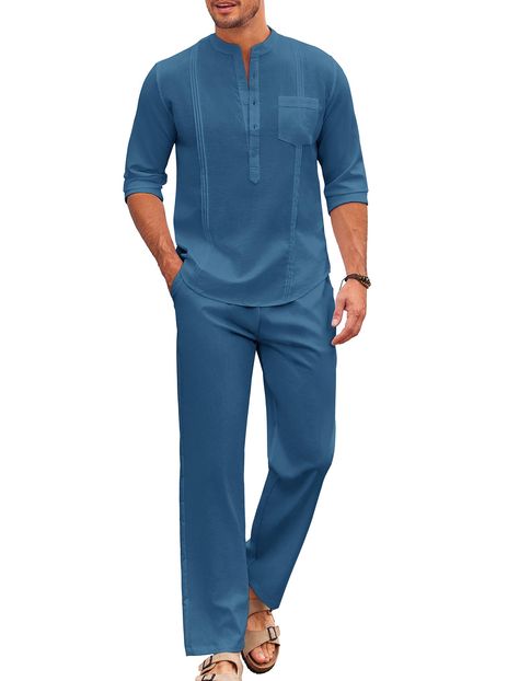 PRICES MAY VARY. [Premium Fabric]Men cuban guayabera outfits are made of great fabric, comfortable, breathable and lightweight, keeps you feeling cool and relaxed. The two piece outfits signals the start of holiday! [Fashion Guayabera Set] Men's 2 piece cotton linen set is a combo of henley shirt and elastic waist pants, featuring band collar, 5 buttons, chest pocket,cuban style,long sleeve, elastic waist with drawstring, two side pockets. It's not only a combo, the shirt and the pant can be als Guayabera Outfit, Big And Tall Fashion For Men, Cuban Outfit, Cuban Guayabera, Mens Linen Outfits, Loose Pants Outfit, Big And Tall Style, Costume Africain, Cuban Style