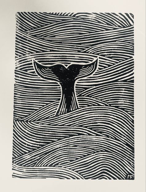 Whale Block Print, Water Drawing Black And White, Printmaking Ideas Design, Whale Lino Print, Sea Lino Print, Abstract Cat Drawing, Linocut Pattern Ideas, Linocut Art Ideas Easy, Lino Print Pattern Ideas