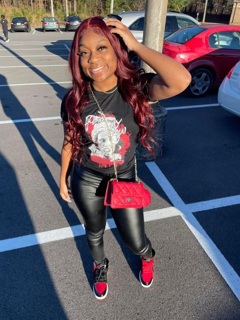 Red Black And White Jordan Ones Outfit, Red White And Black Jordans Outfit, Red And Black Air Jordan 1 Outfit, Bred Patent 1s Outfit, Patent Bred 1s Outfit Girl, Red Shirt Outfit Black Women, Red And Black Outfits Black Women, Red Dunks Outfit Black Women, Jordan 9 Outfit Women