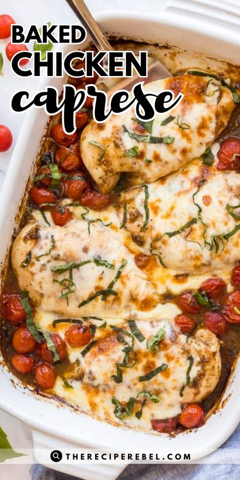 You're less than 30 minutes away from this Baked Chicken Caprese! Cooked in a balsamic sauce with roasted cherry tomatoes and mozzarella, this caprese chicken is a classic summer dinner you'll surely love. Save this summer main dish recipe! Easy Chicken In The Oven Recipes, Baked Chicken And Mozzarella Recipes, Chicken Balsamic Mozzarella Recipes, Baked Chicken Tomato Mozzarella, Chicken Recipes Caprese, Roasted Tomato Chicken Recipes, Chicken And Tomatoes Baked, Chicken Recipe With Tomatoes, Chicken Recipes With Cherry Tomatoes