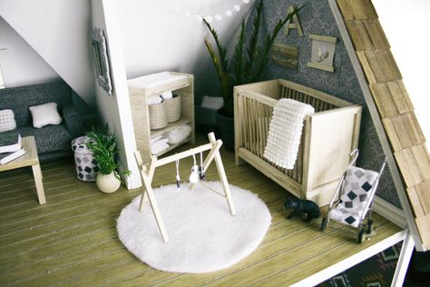 Dollhouse Nursery Diy, Dollhouse Macrame, Nursery Dollhouse, Gray Baby Nursery, Hippie Drawing, Portable Doll House, Barbie House Furniture, Pink Dollhouse, Modern Dolls House