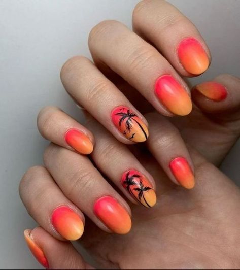 Hawaiian Nail Art, Coral Ombre Nails, Hawaiian Nails, Tropical Nail Art, Palm Nails, Cruise Nails, Bright Nail Designs, Coral Ombre, Palm Tree Nails