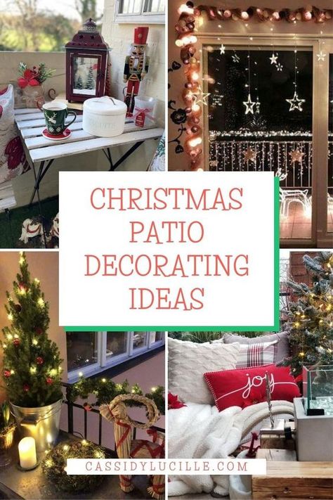 Turn your patio into a festive paradise with our Christmas patio decorating ideas. Read this post and explore 8 apartment balcony Christmas decorations to create holiday magic outdoors! Tap here and discover winter balcony ideas now! Christmas Patio Door Decorations, Outside Patio Christmas Decor, Apartment Christmas Lights Patio, Holiday Patio Decor, Back Deck Christmas Decor, Christmas Apartment Porch Decor, Apartment Balcony Christmas Decorations, Back Patio Christmas Decor, Backyard Patio Christmas Decor