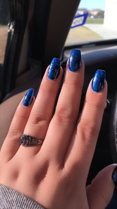 Royal Blue Nails Glitter, Blue Sparkle Nails, Nails With Holographic, Blue Sparkly Nails, Silver Sparkle Nails, Glitter Gel Nail Designs, Quince Nails, Hoco Nails, Royal Blue Nails