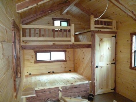 Storage Shed Bunk House, 10x20 Shed Plans Tiny House, Tiny Cabin Loft, Shed Cabin Interior, Shed Cabin Ideas, Shed To Cabin Conversion, Shed Homes Interior, Shed House Interior, Tiny Cabins Interiors