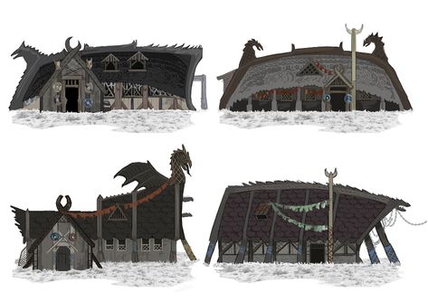 ArtStation - Viking Longhouse , Lauren Roberts Viking City Concept Art, Nordic Longhouse, Viking House Concept Art, Viking Village Concept Art, Viking Buildings, Viking Houses, Viking Architecture, Viking Town, Valheim Builds