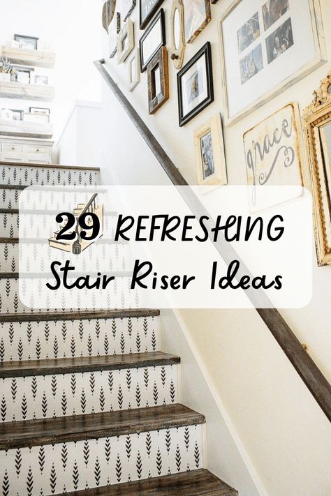 Stair Front Ideas, Patterned Stair Risers, Wallpaper For Stair Risers, Stair Stencils Patterns, Wood Stairs With Painted Risers, Stair Riser Tile Ideas, Tile On Back Of Stairs, Stencil For Stair Risers, Stencil Stairs Risers