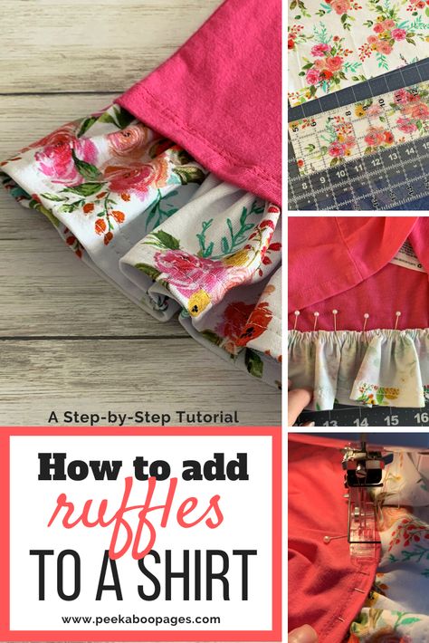 Hello! It's Stephanie from Stephie B's Designs here again with another fun tutorial. Today I'm going to show you how to add ruffles to the bottom hem of a shirt! This is such a cute How To Add Fabric To A Shirt, Add Fabric To Shirt, How To Add A Ruffle Hem, Adding Ruffles To A Tee Shirt, T Shirt Hem Ideas, How To Make Ruffle Sleeves, Diy Ruffle Sleeve, How To Make Ruffles, How To Make A Ruffle