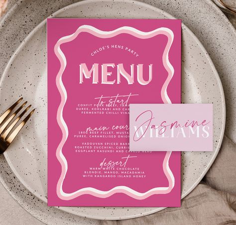 Hot Pink Hens Party, Hot Pink Dinner Party, Bachelorette Menu Ideas, Birthday Menu Design, Birthday Menu Ideas, Menu Ideas Design, Birthday Diner, Hot Pink Wedding Invitations, Party Menu Card