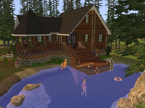 Pretty Cabin, Cabin By The Lake, Cabin Houses, Sims 2 House, Quarry Lake, Rock Quarry, Cozy Log Cabin, Gorgeous Fireplaces, Ts2 Cc