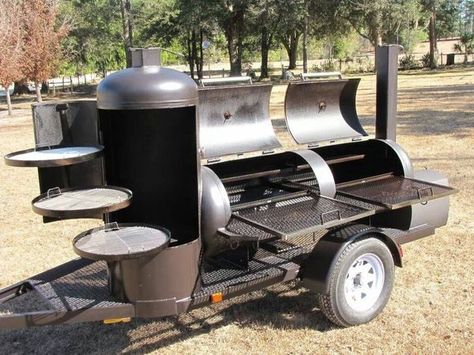 Diy Bbq Trailer, Trailer Smoker Ideas, Smoker Trailer Ideas, Bbq Trailer Ideas, Trailer Grill, Custom Bbq Grills, Bbq Trailer, Custom Smokers, Custom Bbq Smokers