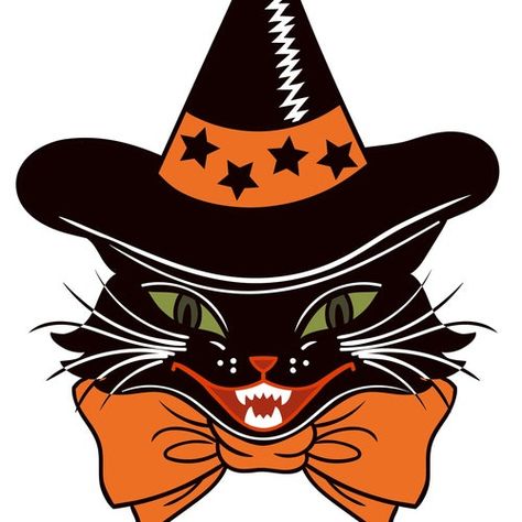 Cat Vector Illustration, Draw Halloween, Halloween Folk Art, Funny Pumpkins, Cat Vector, Halloween Printable, Witch Cat, Decoupage Vintage, Valentines Design