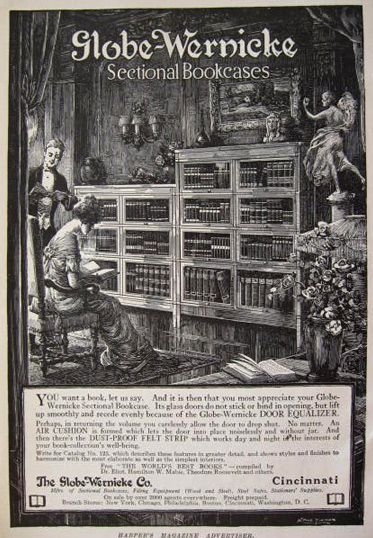 1915 magazine print ad for Globe Wernicke Sectional Bookcases with glass fronts (barrister's bookshelves) .., engraving depicts woman reading in front of the bookshelves, USA But Lift, Globe Wernicke, Antique Library, Reading Boards, Barrister Bookcase, Library Posters, Library Furniture, Ad Copy, Bookshelf Design