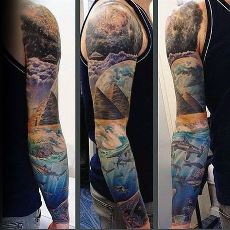 Outer Space To Ocean Depths Mens Unique Full Sleeve Tattoo Space Tattoo Sleeve, Natur Tattoo Arm, Ocean Sleeve Tattoos, Ocean Sleeve, Colored Tattoo, Ocean Tattoo, Nature Tattoo Sleeve, Full Sleeve Tattoo Design, Creative Tattoo