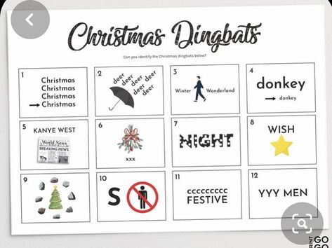 Christmas Dingbats, Christmas Picture Quiz, Christmas Quizzes, Christmas Printable Games, Vbs Games, Quiz Ideas, Homemade Presents, Picture Quiz, Christmas Quiz