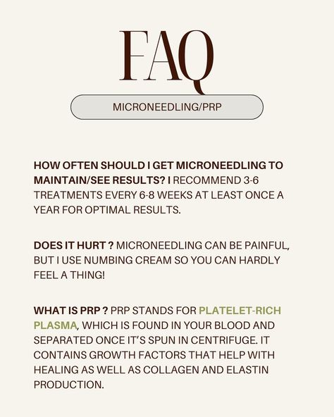 Everything you need to know post-microneedling! Aftercare is so important to achieve great results and are crucial to avoid breakouts and infections. Please follow aftercare instructions carefully always! I’ve also added a short FAQ of questions I get often about microneedling/prp. If you have any more questions or are looking to book a session, DM me or use the link in my bio to book. - #prp #microneedling #microneedlingtreatment #vampirefacialprp #microneedlingaftercare #medspa #holistic ... Microneedling Aftercare, Prp Microneedling, Therapy Business, Aesthetic Nurse, Numbing Cream, Platelet Rich Plasma, Naturopathic Medicine, Iv Therapy, Growth Factor