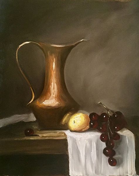 Copper Pitcher with Grapes and Lemon by Sabrina Tyer, Oil, 11 x 14 Pitcher Aesthetic, Sofia Art, Silent Nature, Copper Painting, Copper Pitcher, Dutch Still Life, Split Complementary Colors, Beach Art Painting, Ganesh Idol