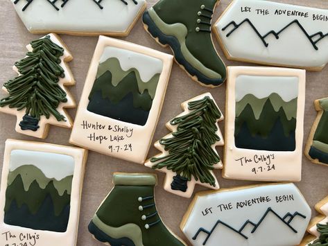 Let the adventure begin 🤍 Mountain Cookies, Cookies Wedding, Let The Adventure Begin, Wedding Cookies, And So The Adventure Begins, Cookie Decorating, Sugar Cookies, Turning, Sugar Cookie