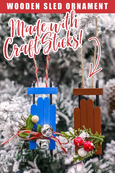 This Wooden Sled Ornament Craft is made with craft sticks and a few other basic supplies for an adorable Christmas tree ornament. Sled Out Of Popsicle Sticks, Stick Ornaments, Popsicle Stick Ornaments, Wooden Sled, Candy Cane Christmas Tree, Keepsake Crafts, Fun Fall Crafts, Frugal Mom, Craft Sticks