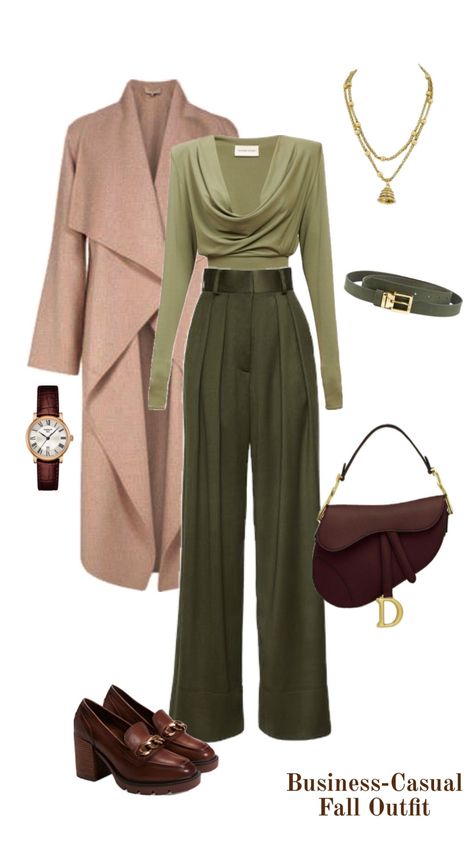 Dark Green Trousers Outfit, Green Blouse Outfit, Chocolate Accessories, Green Trousers Outfit, Fall Office Outfits, Olive Green Blouse, Trouser Outfit, Green Trousers, Palazzo Trousers