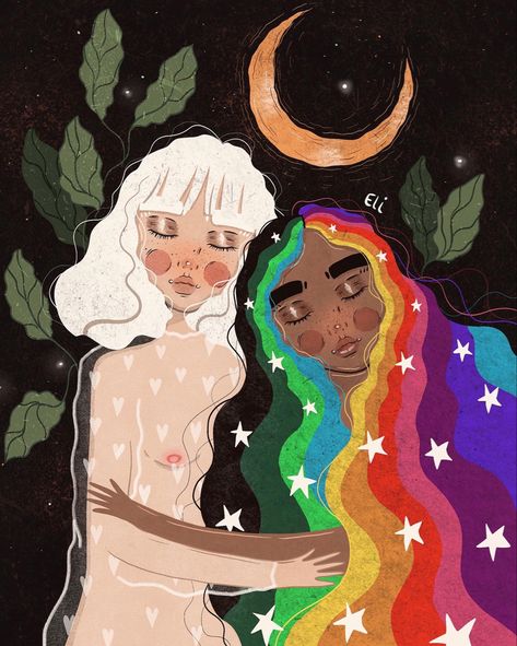 Queer Painting Ideas, Lgbtq Art Illustrations, Lesbian Art, Vibes Art, Unique Art Prints, Queer Art, Hippie Art, Gay Art, Moon Art