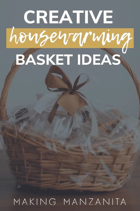 Need to buy a housewarming gift for new homeowners? Consider making a gift basket and get creative with a themed basket! Check out these housewarming basket ideas. Housewarming Basket Ideas, Housewarming Gift Basket Ideas, Gift Basket Friend, Traditional Housewarming Gifts, Housewarming Basket, Housewarming Gift Basket, Food Gift Basket, Making A Gift Basket, Homemade Gift Baskets