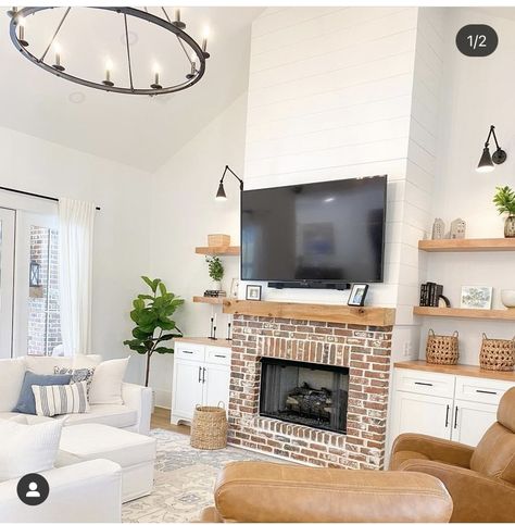 Easy Diy Fireplace, Fireplace Sconces, Wood Mantel Shelf, White Sectional Sofa, Red Brick Fireplaces, White Brick Fireplace, Ranch Farmhouse, Diy Fireplace Makeover, Mantle Ideas