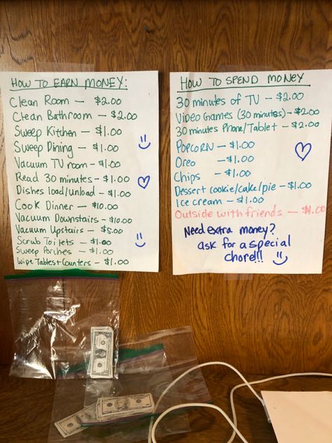 Keep your kids occupied with chores to earn their treats and screen time. We printed small dollars on paper to hand out when chore completed. Keep them working during quarantine or homeschool days! Chore Prizes Reward System, Reward And Punishment Chart Kids, Chore Store For Kids, Monopoly Chore Chart, Kids Earn Money Ideas Chore List, Punishment Chart For Kids, Chores For Kids By Age Allowance, Chore Chart With Money Reward System, Snack Store For Chores