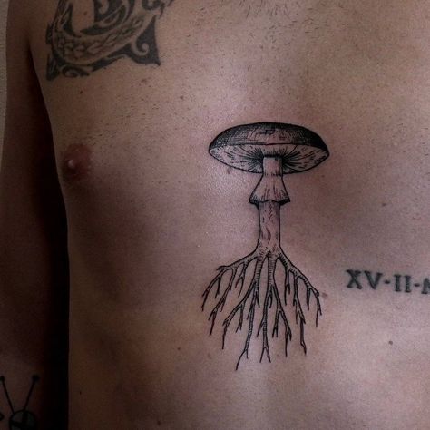 cool 23 Mushroom Tattoos for Everyone in 2021 Mushroom Tattoo For Men, Mushroom Chest Tattoo, Shelf Mushroom Tattoo, Mycelium Tattoo, Mushroom Tattoos Simple, Shroom Tattoo, Tattoo Sternum, Small Tattoos Ideas, Roots Tattoo