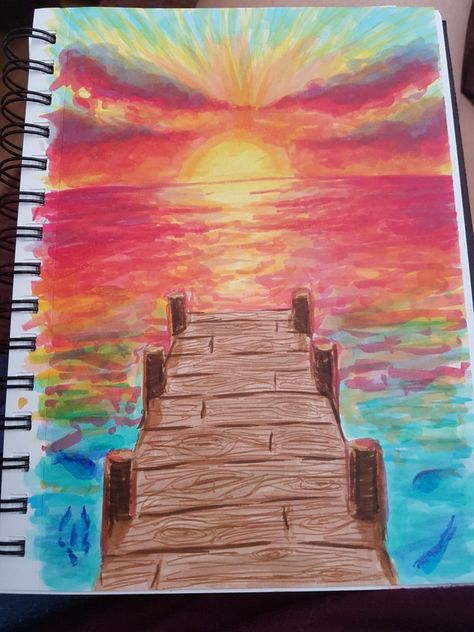 Sunset with markers Sunset Marker Drawing, Decorative Drawing, Hole Drawing, Drawing Sunset, Art Markers Drawing, Markers Drawing, Beach Drawing, Beach Art Painting, Artist Markers