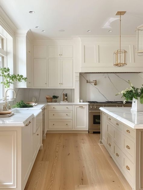 Kitchen Design Neutral Colors, Taupe Island White Cabinets, Christopher Peacock Kitchen Design, Kitchen Wood Cabinets Wood Floor, Light Brown Kitchen Floors, Ivory And Wood Kitchen, White And Off White Kitchen, Neutral And White Kitchen, Tan Kitchen Island