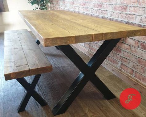 Rustic Style Dining Table Matching Bench Chunky Reclaimed | Etsy Scaffold Board Table, Farmhouse Dining Table Set, Dining Table And Bench, Industrial Legs, Timber Planks, Woodshop Organization, Board Table, Table And Bench Set, Industrial Steampunk