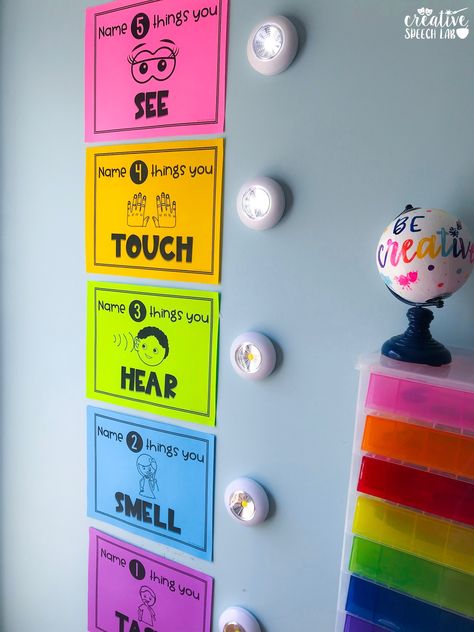 The perfect decoration for a calm down corner in your preschool, elementary or middle school classroom or at home. This grounding exercise is designed to help your elementary and middle school students engage in relaxation techniques with the help of tap lights! These interactive printables teach kids to develop coping strategies and successfully return to the classroom lesson. Multiple sizes and color options can accommodate your unique classroom decor needs and speech therapy room decor. Speech Therapy Room Decor, Therapy Room Decor, Speech Therapy Room, Calm Room, Calming Room, Grounding Exercises, School Speech Therapy, Language Therapy Activities, Calm Down Corner