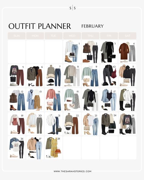 February Clothing Outfit, What's In Season February, 1 Month Packing List Winter, February Outfits 2024, February Declutter Calendar, Monthly Outfit Planner, Weekly Outfit Planner, February Outfit Ideas, Travel Outfit Planner