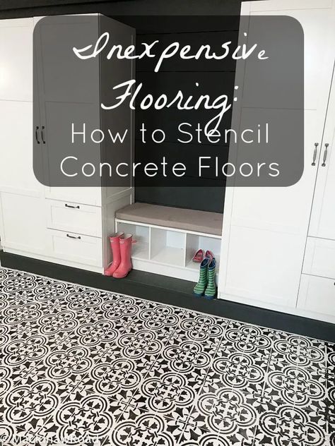 Inexpensive Flooring: How to Stencil Concrete Floors | Mackinaw Road Stenciled Concrete Floor, Painted Porch Floors, Inexpensive Flooring, Stencil Concrete, Paint Concrete, Beautiful Tile Floor, Concrete Patio Makeover, Floor Painting, Painted Concrete Floors