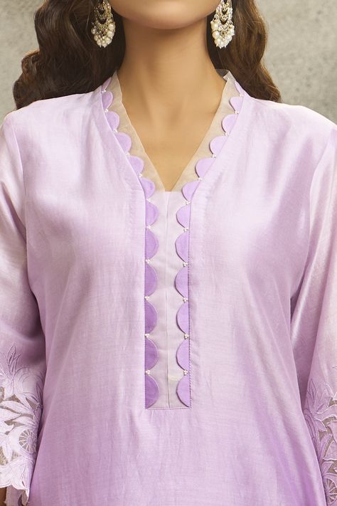 Buy Surabhi Arya Purple Silk Chanderi Kurta And Palazzo Set Online | Aza Fashions Tussles Design For Kurti, V Shape Neck Design Kurti, Suit Gala Design, Neck Design Suit, Neck Shapes, Lace Designs On Suits, Floral Cutwork, Kurta And Palazzo, Diy Fashion Trends