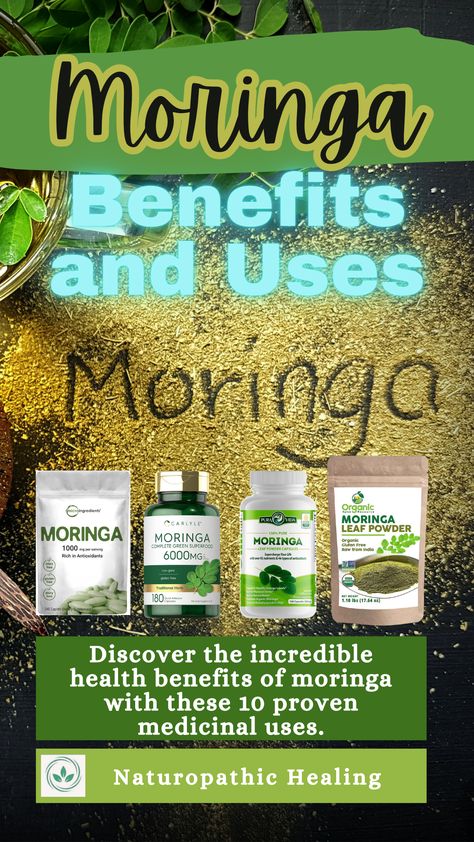 This pin shows different ways to ingest moringa: preparing a smoothie, pills and capsules. The pin title is "Moringa Benefits and Uses" The subtitle is "Discover the incredible ten proven medicinal uses." Visit us to learn more. This pin contains an affiliate product. Health Benefits Of Moringa, What Is Moringa, Benefits Of Moringa, Moringa Benefits, Organic Smoothies, Moringa Leaf Powder, Moringa Leaves, Moringa Powder, Moringa Oil