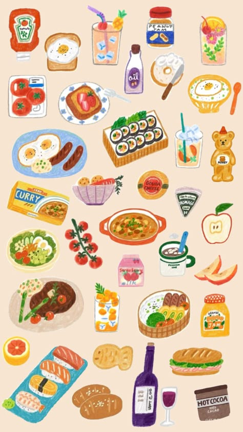 Food Collage Aesthetic, Food Illustration Art Graphics, Aesthetic Food Stickers, Brunch Stickers, Food Scrapbook, Ipad Journaling, Nails Moodboard, Shopping Illustration, Candy Illustration