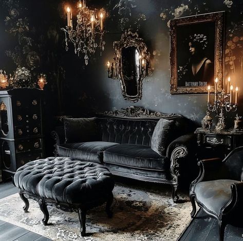 Living Room With Chesterfield Sofa, Luxury Dark Living Room, Gothic Whimsy, Gothic Houses, Goth Interior, Casa Rock, Gothic Victorian House, Victorian Ideas, Victorian Gothic Decor