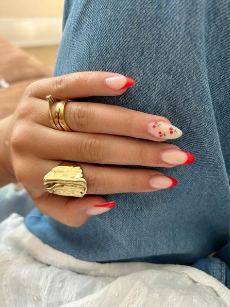 Red Nail Designs Aesthetic, Cherry Tip Nails, French Tip Fruit Nails, Easy Fruit Nails, Summer Red Nails 2024, Tiny Nail Art, Red Detail Nails, Fruit Summer Nails, Summer Cherry Nails