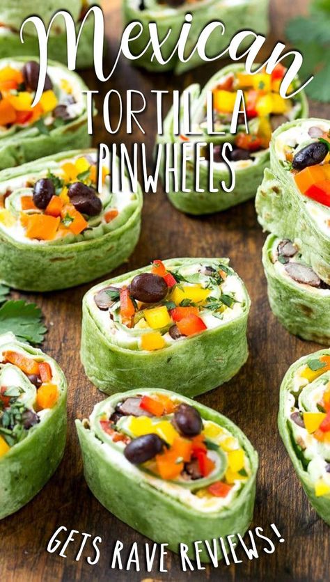 This recipe for Mexican tortilla pinwheels is two types of cheese, black beans and colorful veggies all rolled up inside tortillas and cut into rounds. Mexican Pinwheels Vegetarian, Pinwheel Appetizers Mexican, Black Bean Roll Ups, Taco Hors D’oeuvres, Fancy Mexican Appetizers, Light Mexican Appetizers, Mexican Tortilla Pinwheels, Fiesta Pinwheels Recipe, Mexican Roll Ups Pinwheels